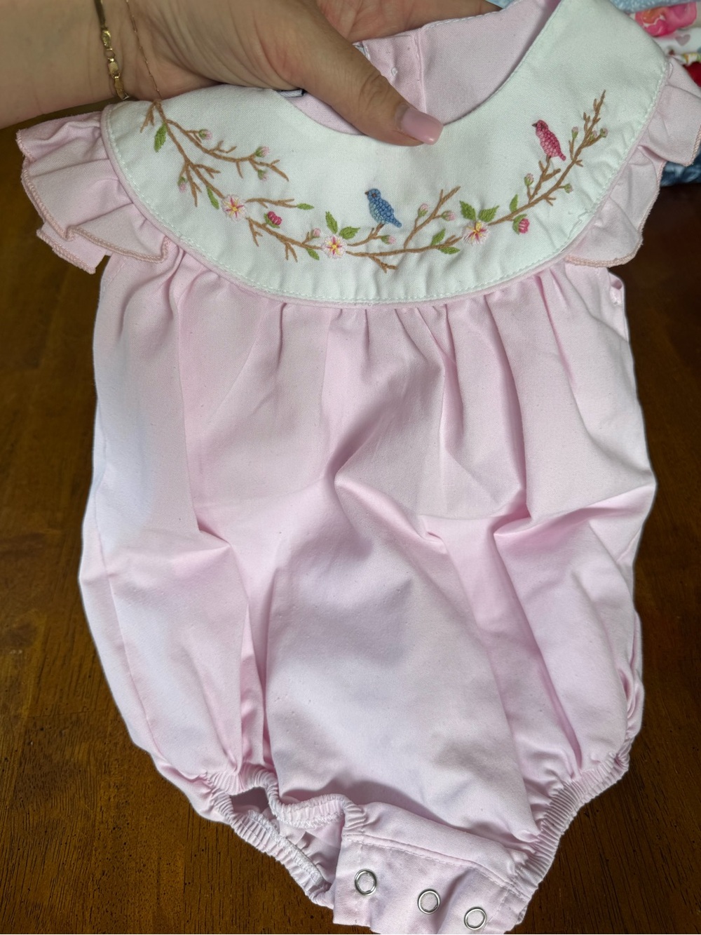 Sweet Dreams Pink Baby One-Piece with Bird Embroidery